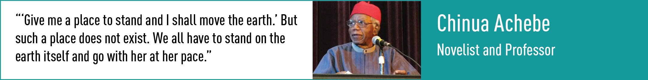 quote from Chinua Achebe, Novelist and Professor: Give me a place to stand and I shall move the earth.’ But such a place does not exist. We all have to stand on the earth itself and go with her at her pace.